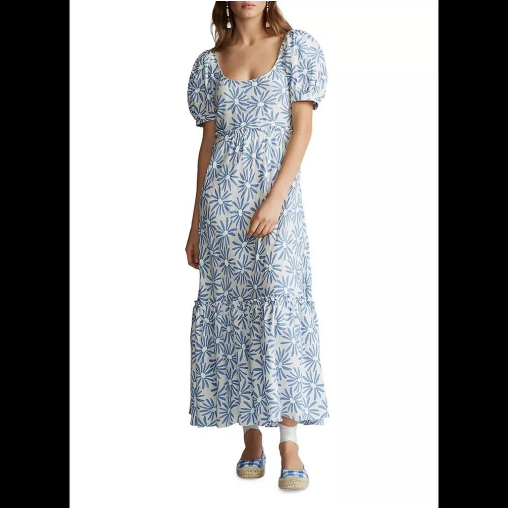 Polo Ralph Lauren Womens Maxi Cotton Daisy Short Puff- sleeves Linen  Dress